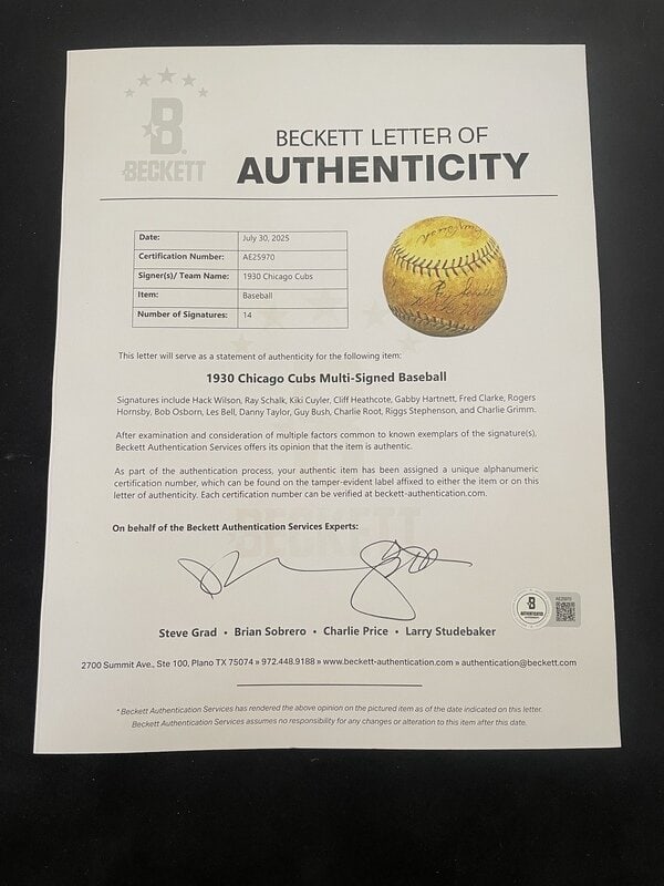 A 1930 Chicago Cubs Team Signed Autograph Baseball with Rogers Hornsby, Hack Wilson, Kiki Cuyler and - 7