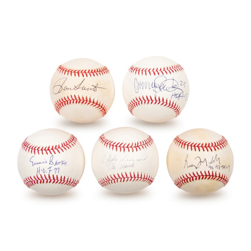 A Collection of Chicago Cubs Hall of Fame Signed Autograph Baseballs: A Collection of Chicago Cubs Hall of Fame Signed Autograph Baseballs comprising Ryne Sandberg, Ron Santo, Greg Maddux, Andre Dawson, Ernie Banks. This lot is located in Chicago.