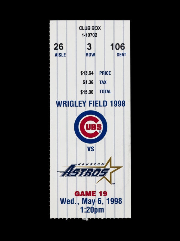A 1998 Chicago Cubs vs. Houston Astros Kerry Wood 20 Strikeout Game Ticket Stub: A 1998 Chicago Cubs vs. Houston Astros Kerry Wood 20 Strikeout Game Ticket Stub This lot is located in Chicago. 