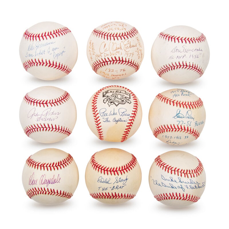 A Collection of Nine Brooklyn Dodgers Era Signed Autograph Baseballs (JSA, PSA, MLB): A Collection of Nine Brooklyn Dodgers Era Signed Autograph Baseballs (JSA, PSA, MLB) comprising Don Drysdale, Pee Wee Reese, Duke Snider, Johnny Podres, Don Newcombe, Carl Erskine, Don Zimmer, Eddie S