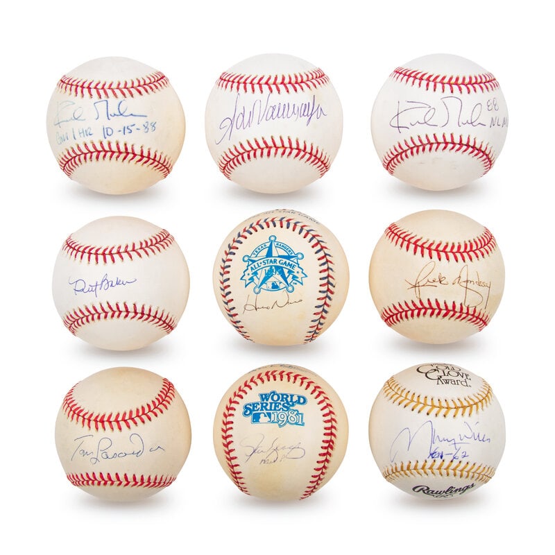 A Collection of Los Angeles Dodgers Signed Autograph Baseballs: A Collection of Los Angeles Dodgers Signed Autograph Baseballs comprising Tommy Lasorda, Fernando Valenzuela, Maury Wills, Kirk Gibson (x2), Steve Garvey, Rick Monday, Dusty Baker, Hideo Nomo.