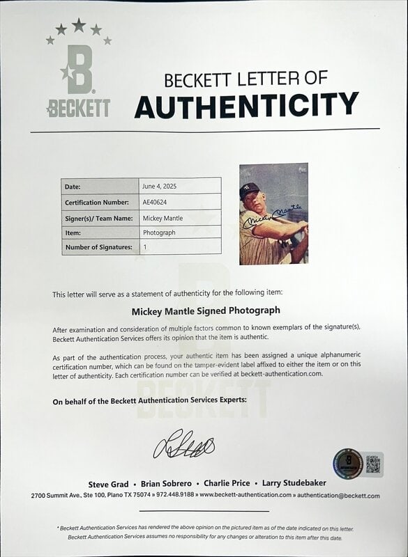 A Mickey Mantle Signed Autograph Photo (Beckett Authentication Services) - 2
