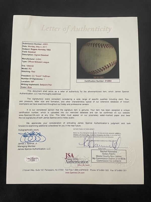 A Rogers Hornsby Single Signed Autograph Baseball (JSA Letter) - 2