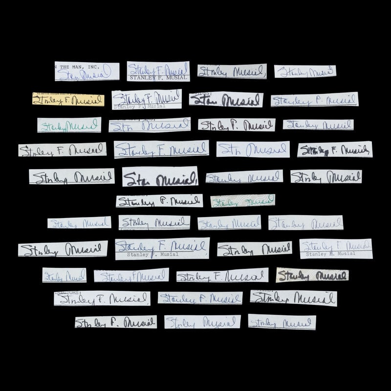 An Archive of Material from The Collection of Stan Musial: An Archive of Material from The Collection of Stan Musial comprising 40 signed autograph cuts and Musial's personally owned "Wings of Hope" Award Plaque. This lot is located in Chicago. 