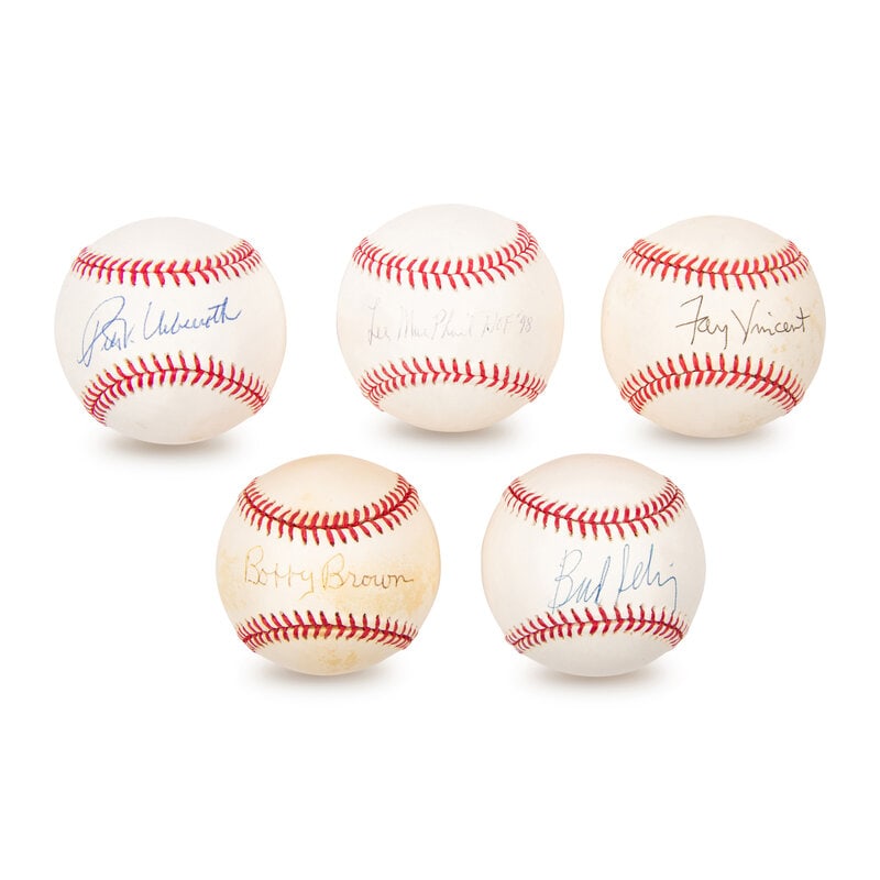 A Collection of Five Executive Signed Autograph Baseballs: A Collection of Five Executive Signed Autograph Baseballs comprising Lee MacPhail, Fay Vincent, Bud Selig, Bobby Brown and Peter Ueberroth. This lot is located in Chicago.