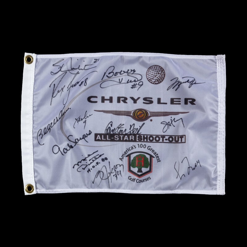 A 2004 Chrysler All-Star Golf Shootout Signed Autograph Golf Flag Including Michael Jordan (Beckett : A 2004 Chrysler All-Star Golf Shootout Signed Autograph Golf Flag Including Michael Jordan (Beckett Authentication Services Letter) comprising signatures of Michael Jordan, Stan Mikita, Rex Grossman,