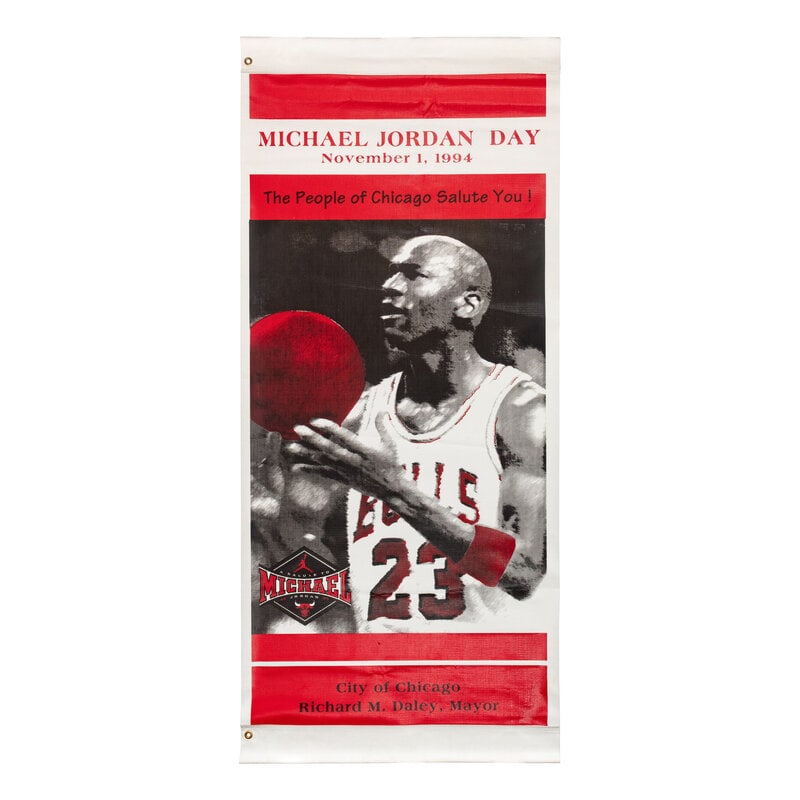 A 1994 City of Chicago Michael Jordan Day Street Banner: A 1994 City of Chicago Michael Jordan Day Street Banner Uncommon artifact from November 1, 1994, proclaimed Michael Jordan Day by the City of Chicago as Jordan's Number 23 was retired by the Chicago