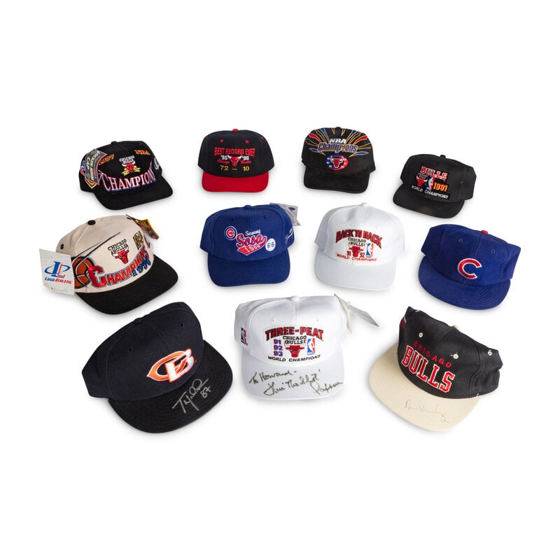 A Collection of Vintage 1990s Chicago Bulls Locker Room Shirts and Hats - 2