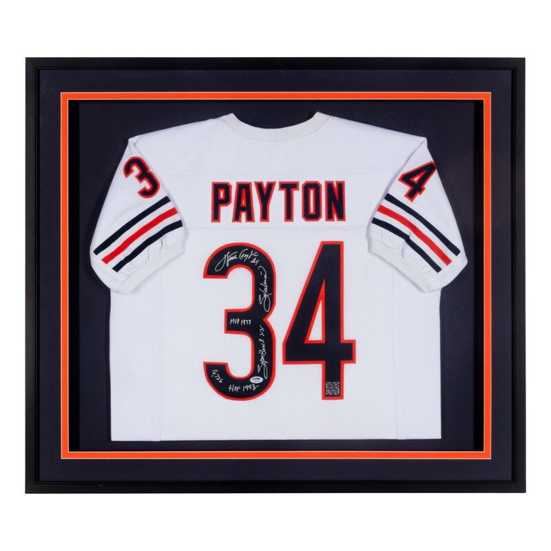 A Walter Payton Signed Autograph Chicago Bears Jersey Display With Multiple Career Inscriptions (PSA: A Walter Payton Signed Autograph Chicago Bears Jersey Display With Multiple Career Inscriptions (PSA) White Chicago Bears jersey signed in silver ink inside number three "Walter Payton 34" with inscri