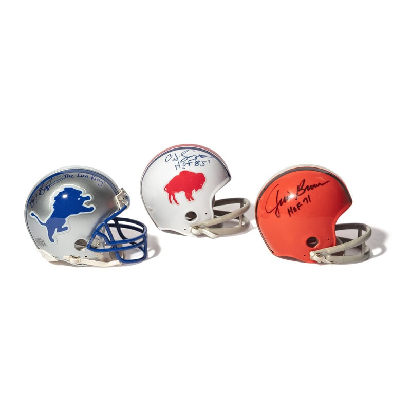 A Collection of Running Back Legend Signed Autograph Mini Helmets: A Collection of Running Back Legend Signed Autograph Mini Helmets Comprising Jim Brown, Barry Sanders, O.J. Simpson. This lot is located in Chicago.