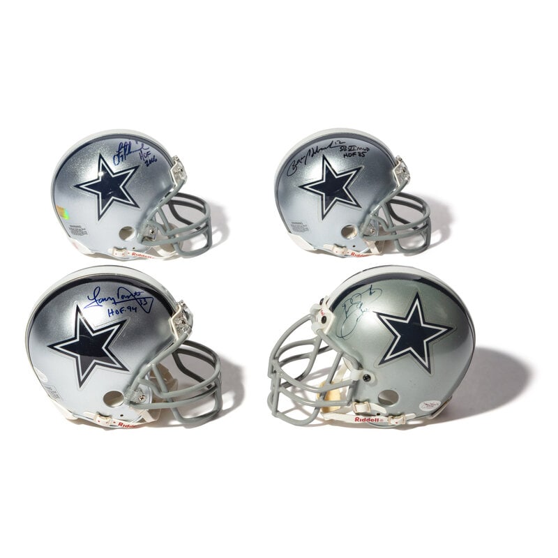 A Collection of Dallas Cowboys Hall of Fame Signed Autograph Mini Helmets: A Collection of Dallas Cowboys Hall of Fame Signed Autograph Mini Helmets Comprising Troy Aikman, Roger Staubach, Tony Dorsett, Emmitt Smith. This lot is located in Chicago.<