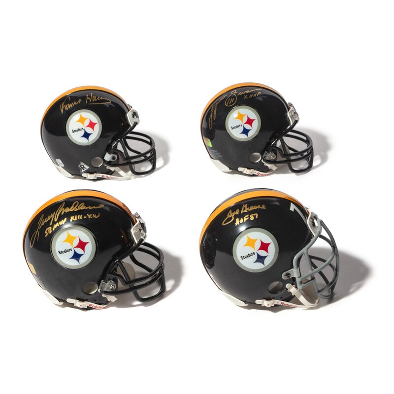 A Collection of Pittsburgh Steelers Hall of Fame Signed Autograph Mini Helmets: A Collection of Pittsburgh Steelers Hall of Fame Signed Autograph Mini Helmets Comprising Terry Bradshaw, Joe Greene, Lynn Swann, Franco Harris. This lot is located in Chicago.