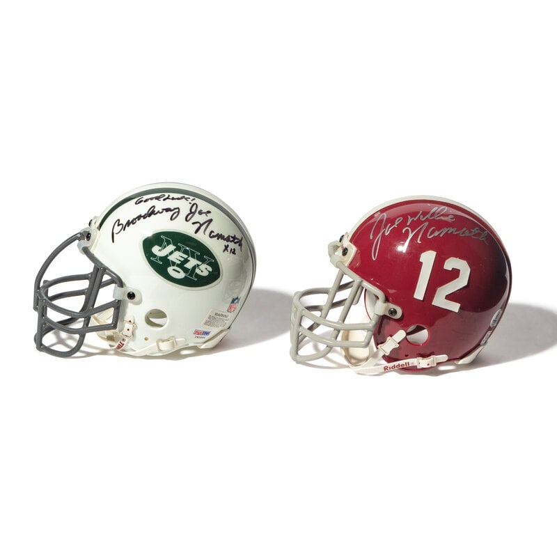 A Collection of Joe Namath Signed Autograph Mini Helmets: A Collection of Joe Namath Signed Autograph Mini Helmets Comprising New York Jets and University of Alabama. This lot is located in Chicago.