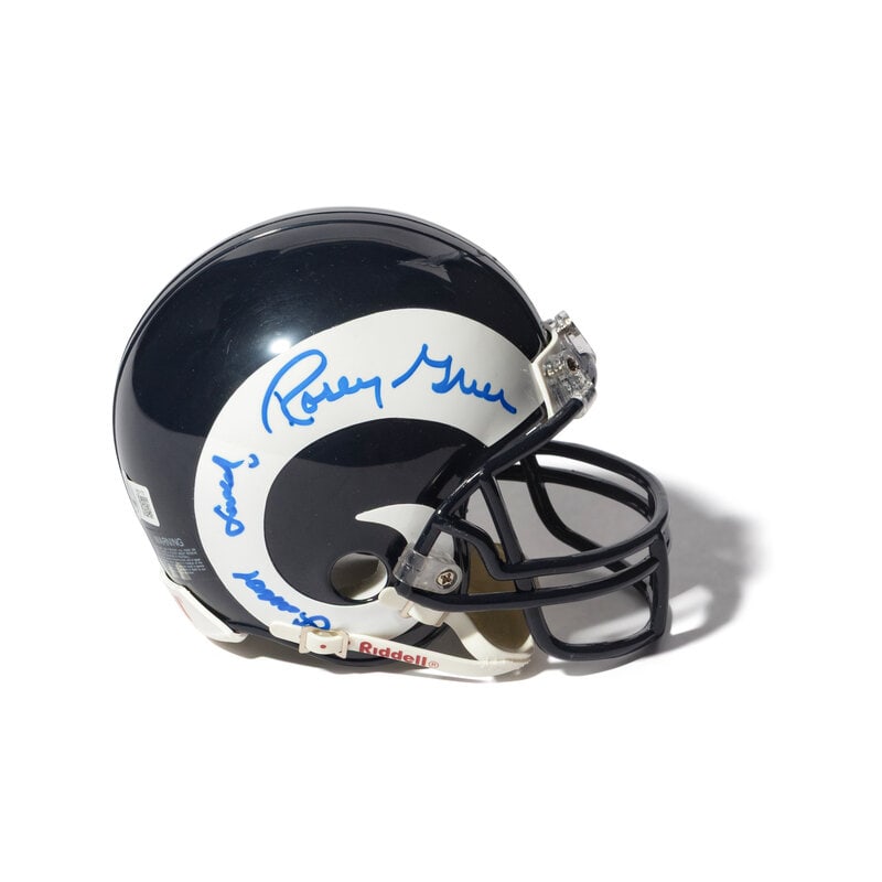 A Fearsome Foursome Signed Autograph Mini Helmet : A Fearsome Foursome Signed Autograph Mini Helmet Comprising Lamar Lundy, Rosey Grier, Merlin Olsen, Deacon Jones. This lot is located in Chicago. 