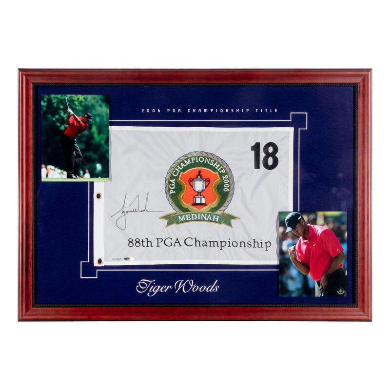 A Tiger Woods Signed Autograph 2006 PGA Championship Flag Display (Upper Deck Authenticated): A Tiger Woods Signed Autograph 2006 PGA Championship Flag Display (Upper Deck Authenticated) Framed 25 x 35 inches. This lot is located in Chicago.
