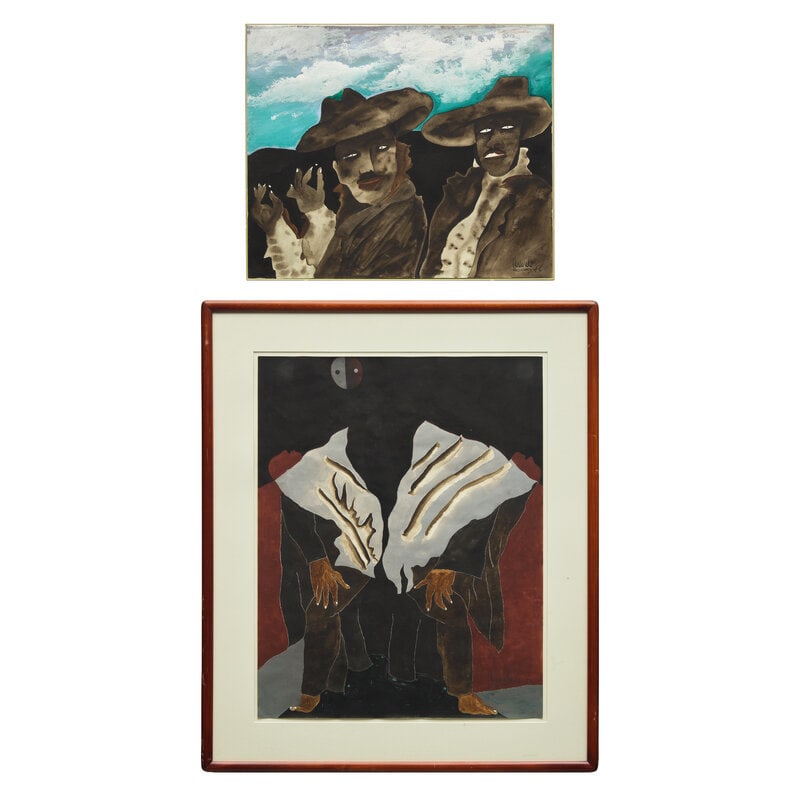 Javier Arevalo (Mexican, 1937-2020) Men in Hats; together with Two Men Standing: Javier Arevalo(Mexican, 1937-2020)Men in Hats; together with Two Men Standingwatercolor, gouache, and ink on papereach signed Arevalo (lower right) larger: 24 x 18 1/2 inches This lot is located in