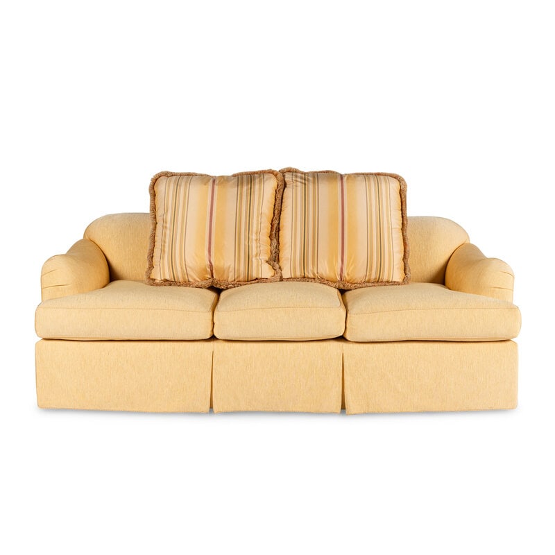 A J. Robert Scott Custom Upholstered Sofa: A J. Robert Scott Custom Upholstered Sofa bearing a label for maker under seat cushion, together with two throw pillows.Height 32 x width 83 x depth 37 inches. Prop