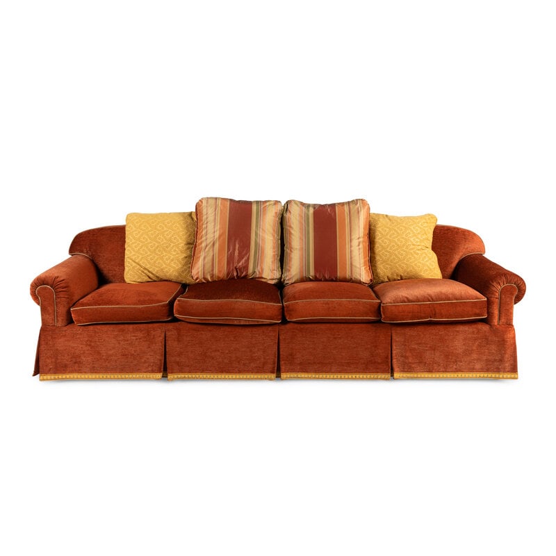 A Contemporary Custom Upholstered Sofa: A Contemporary Custom Upholstered Sofa together with two cut-and-voided velvet throw pillows.Height 29 1/2 x width 104 x depth 33 1/2 inches. Property from the Est