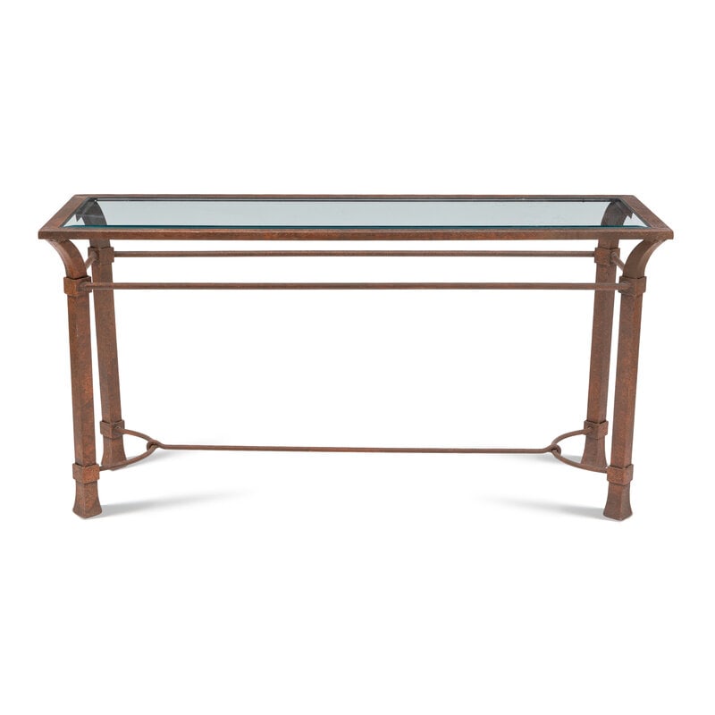 A Patinated Iron and Glass Console Table: A Patinated Iron and Glass Console Table 20th Century Height 28 x width 56 x depth 18 inches. This lot is located in Palm Beach. 