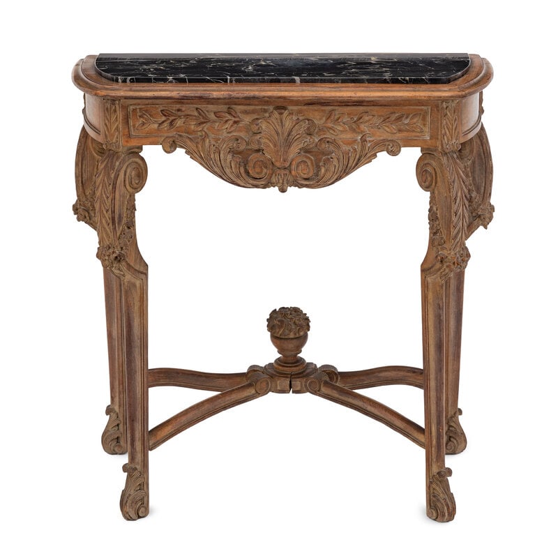 A Rococo Style Carved Walnut and Marble Console Table: A Rococo Style Carved Walnut and Marble Console Table First Half 20th Century Height 33 1/2 x width 31 1/4 x depth 14 inches. This lot is located in Palm Beach. 
