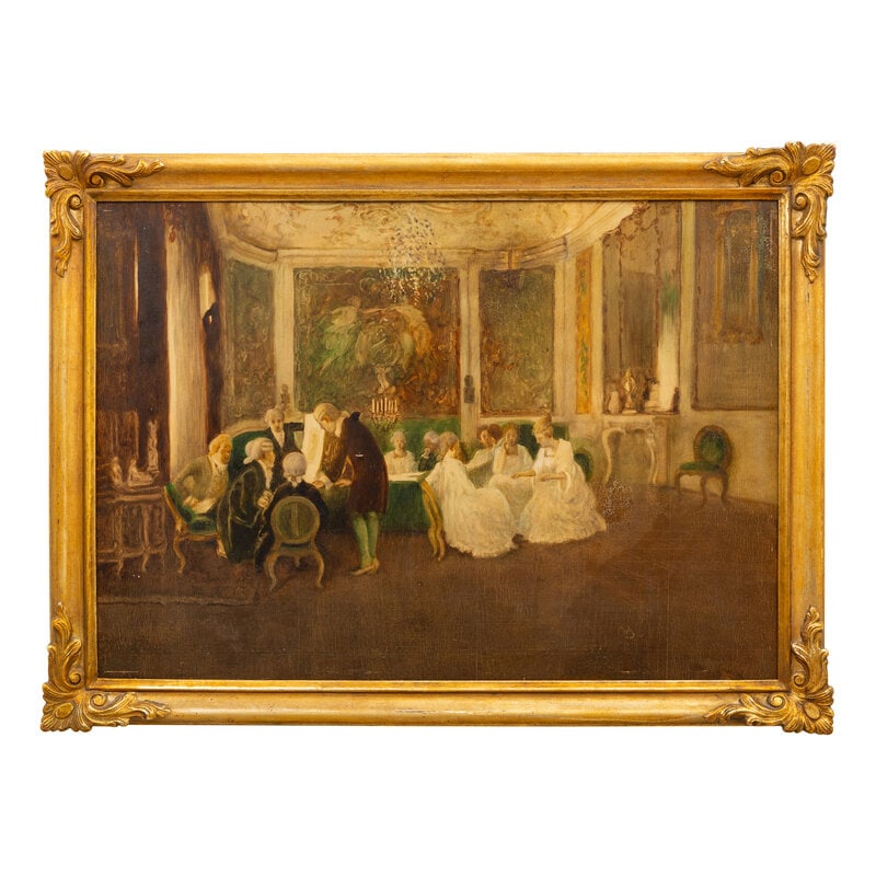 Wilhelm Schreuer (German, 1866-1933) Aristocrats in a Grand Salon: Wilhelm Schreuer (German, 1866-1933) Aristocrats in a Grand Salon oil on panel 28 x 39 1/2 inches. This lot is located in Palm Beach. Size 28 x 39 1/2 inches.