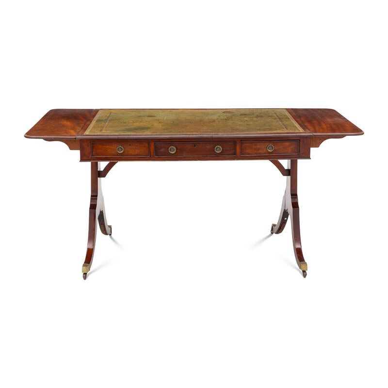 A Regency Mahogany Writing Table: A Regency Mahogany Writing Table 19th Century Height 30 x width 65 1/4 x depth 32 1/4 inches. This lot is located in Palm Beach. 
