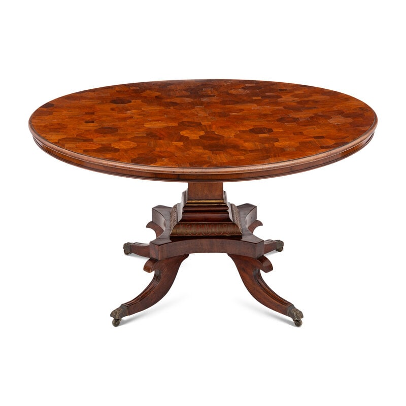 A Regency Style Pedestal Table with Specimen Parquetry Wood Top : A Regency Style Pedestal Table with Specimen Parquetry Wood Top 20th Century Height 30 1/4 x diameter of top 53 3/4 inches. This lot is located in Palm Beach.