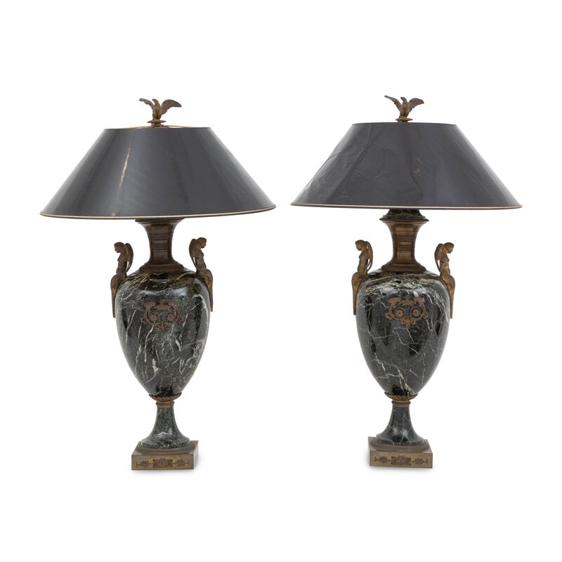 A Pair of French Empire Gilt Bronze and Marble Urns Mounted as Lamps: A Pair of French Empire Gilt Bronze and Marble Urns Mounted as Lamps Early 19th Century Height 33 5/8 inches. This lot is located in Palm Beach.