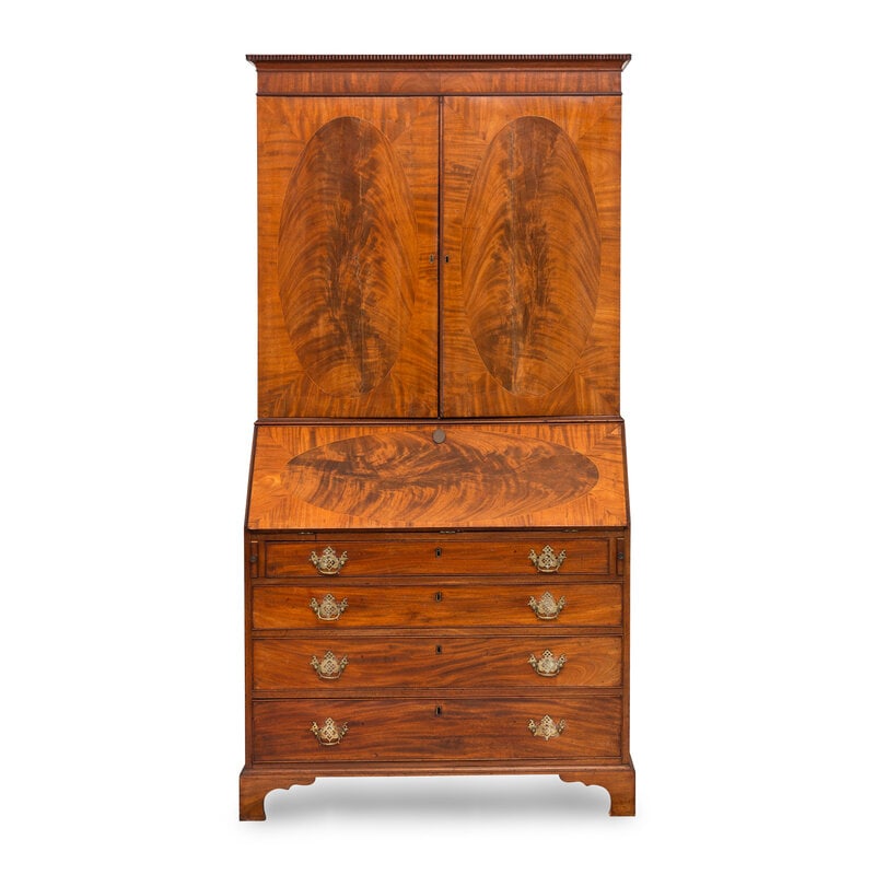 A George III Figured Mahogany Bureau Cabinet: A George III Figured Mahogany Bureau Cabinet Late 18th Century Height 83 1/2 x width 43 x depth 22 1/2 inches. This lot is located in Palm Beach. 