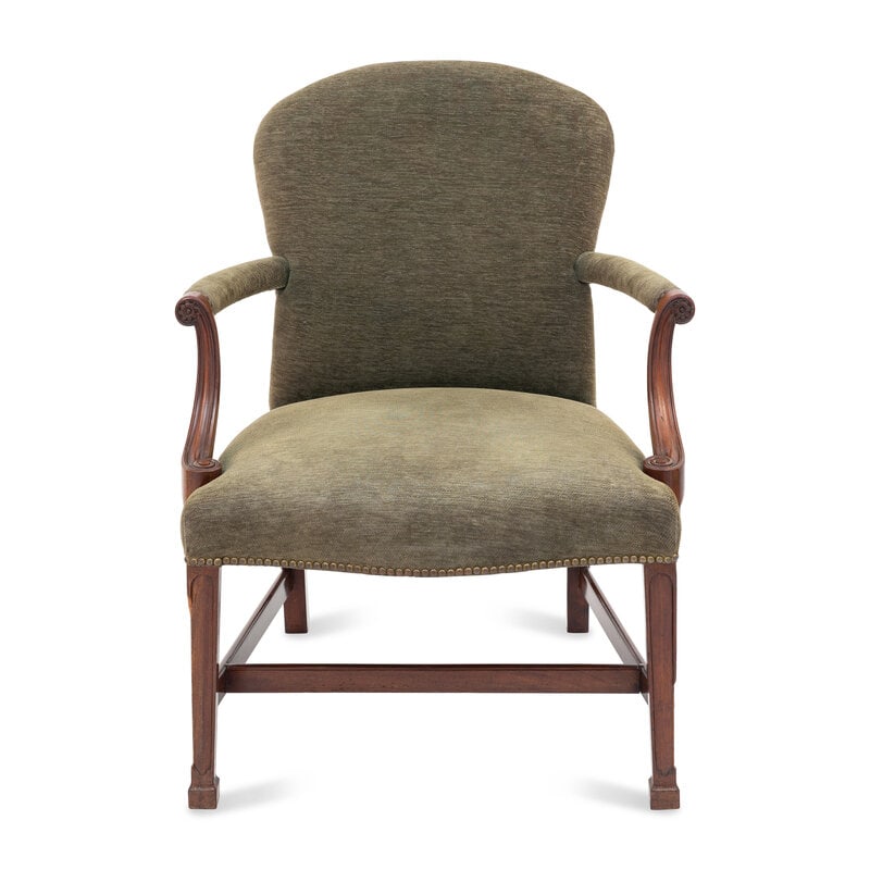 A George III Style Upholstered Mahogany Gainsborough Chair: A George III Style Upholstered Mahogany Gainsborough Chair 19th Century Height 36 x width 26 1/2 inches. This lot is located in Palm Beach. ConditionSeat height 17 inches.