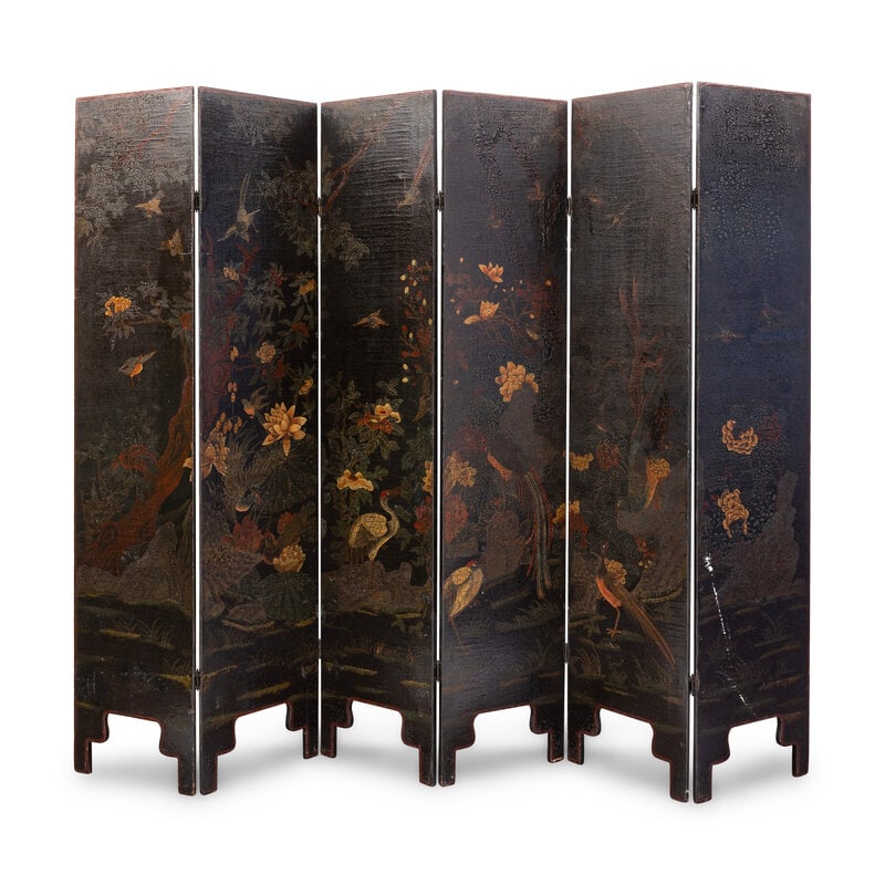 A Chinese Painted Leather Six-Panel Floor Screen: A Chinese Painted Leather Six-Panel Floor Screen 19th Century Each panel, height 80 x width 17 3/4 inches. This lot is located in Palm Beach. 