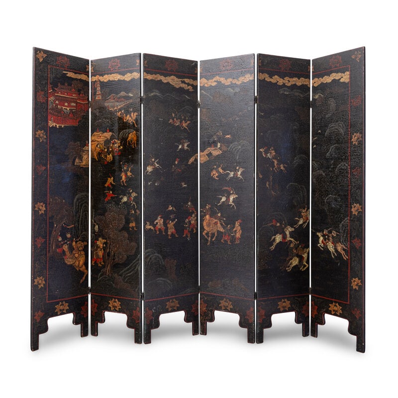 A Chinese Painted Leather Six-Panel Floor Screen - 2