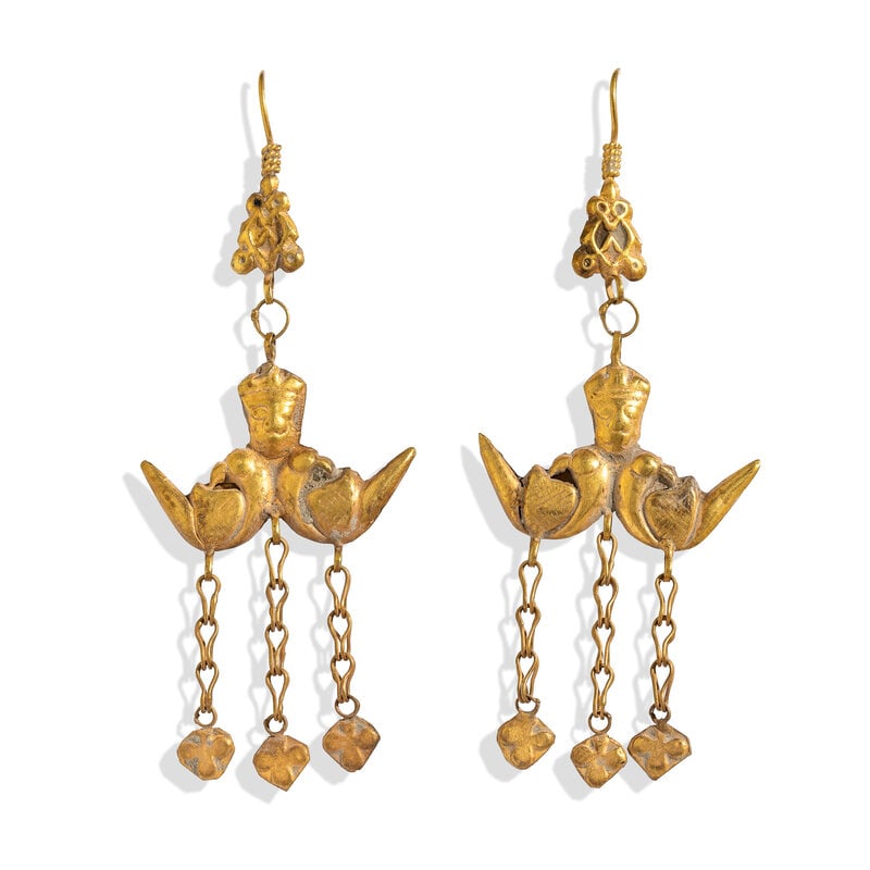 A Pair of Sasanian Style Gold Earrings: A Pair of Sasanian Style Gold Earrings After the AntiqueHeight 7.6 cm (3 inches); High karat gold; 4.93 grams. Property from a California Private Collection This lot is located in Chicago. SizeHeight