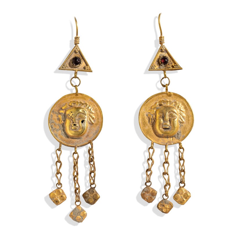 A Pair of Greek Style Gold Earrings : A Pair of Greek Style Gold Earrings After the AntiqueHeight 7.7 cm (3 inches); High karat gold; 6.17 grams. Property from a California Private Collection This lot is located in Chicago. SizeHeight