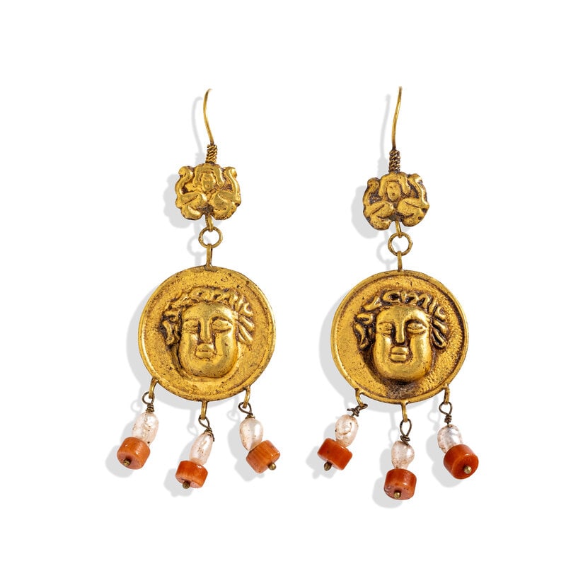 A Pair of Greek Style Gold Earrings : A Pair of Greek Style Gold Earrings After the AntiqueHeight 6.7 cm (2 5/8 inches); High karat gold; 5.71 grams. Property from a California Private Collection This lot is located in Chicago.