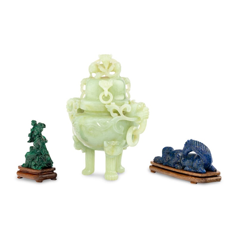 Three Chinese Precious Stone Carvings: Three Chinese Precious Stone Carvings 20th Century The first a malachite figure of a lady, the second a possibly celadon jade incense burner, and the third a lapis lazuli figure of a horse. 