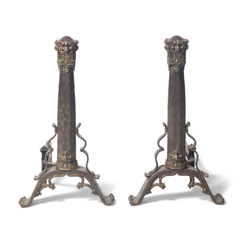 A Pair of Gothic Revival Iron and Bronze Andirons: A Pair of Gothic Revival Iron and Bronze Andirons Height 27 x width 14 3/4 x depth 21 1/4 inches. Property of a Main Line Gentleman, Pennsylvania This lot is located in Philadelphia. 