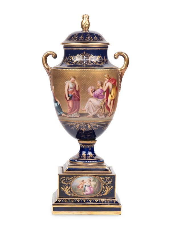 A Vienna Porcelain Urn: A Vienna Porcelain Urn 19th Century signed, "K. Weh," inscribed to the underside with descriptions of the scenes 'Pericles and Aspasia' and bearing blue beehive mark to the underside.