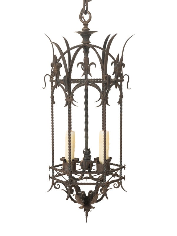 A Gothic Style Iron Hall Lantern: A Gothic Style Iron Hall Lantern 20th Century Height 28, width 12 inches. Property from a Private Illinois Collector This lot is located in Chicago. <
