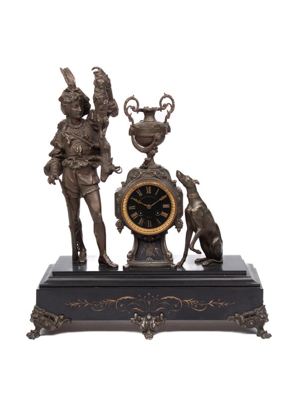 A Victorian Cast White Metal and Marble Mantel Clock: A Victorian Cast White Metal and Marble Mantel Clock Dial Signed Senten Sonneveld, Anvers, 20th Century Height 23 x width 20 x depth 8 inches. Property from a Private Ill