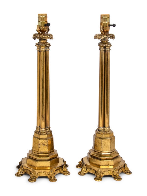 A Pair of Gothic Revival Gilt Metal Table Lamps: A Pair of Gothic Revival Gilt Metal Table Lamps Height to top of lightbulb base 22 1/2 inches. Property from a Private Illinois Collector This lot is located