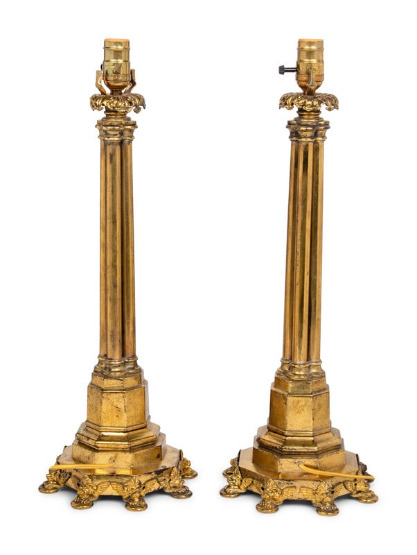 A Pair of Gothic Revival Gilt Metal Table Lamps - 2