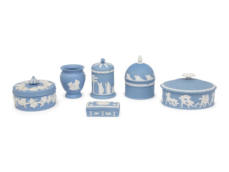 A Collection of Six Wedgwood Articles: A Collection of Six Wedgwood Articles 20th Century comprising five lidded vessels and one vase. Largest height 5 inches. Property from a Private Illinois Collector This lot is located in Chicago. 
