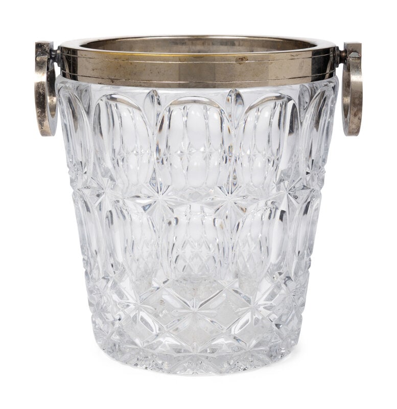 A Silver-Plate Mounted Glass Wine Cooler: A Silver-Plate Mounted Glass Wine Cooler 20th Century Height 8 3/4 x width over handles 9 inches. Property from Camp Rosemary, the Estate of Posy Krehbiel, Lake Forest, Illinois This lot is