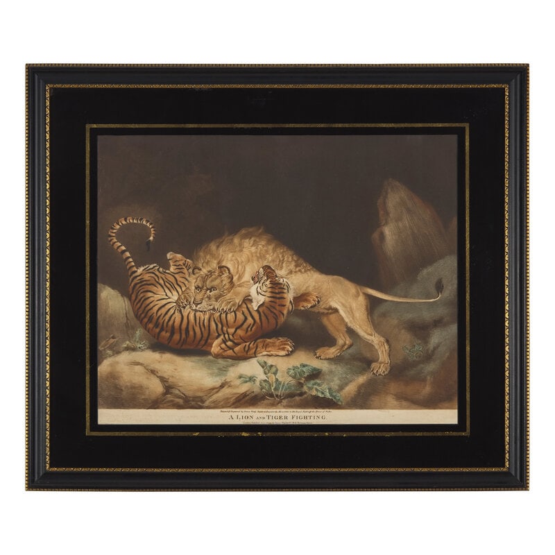 James Ward & Co. A Lion and Tiger Fighting Handcolored Mezzotint : James Ward & Co. A Lion and Tiger Fighting Handcolored Mezzotint London, 179927 3/4” x 32 5/8” (Frame) Property from a private collection, Philadelphia, Pennsylvania This lot is located
