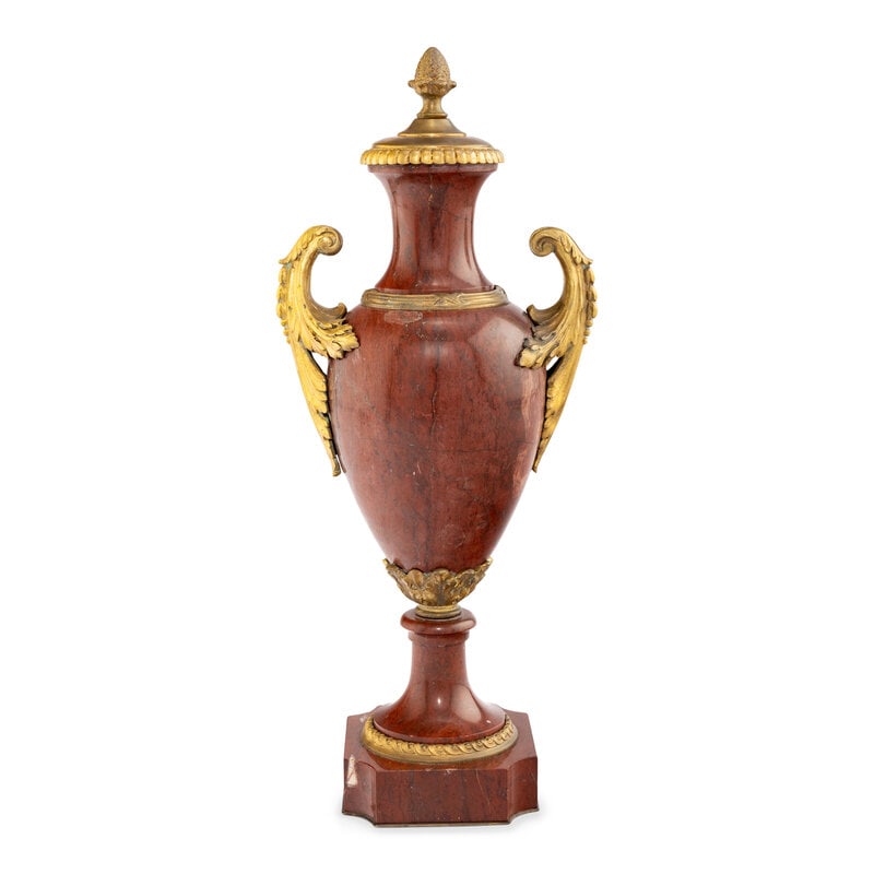 A Neoclassical Style Gilt Bronze Mounted Rouge Marble Covered Urn: A Neoclassical Style Gilt Bronze Mounted Rouge Marble Covered Urn First Half 20th Century Height 17 inches. Property of a California Collector This lot is loca