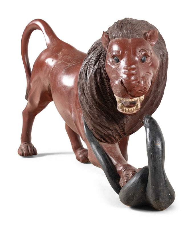 A Pair of Carved and Painted Wood Lions Wrestling Serpents  - 2