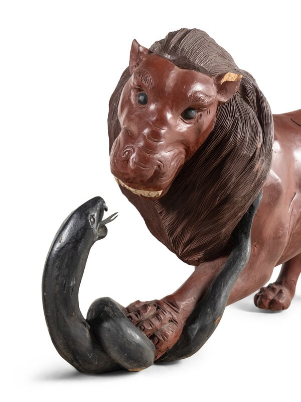 A Pair of Carved and Painted Wood Lions Wrestling Serpents  - 3