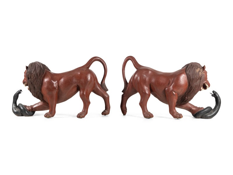 A Pair of Carved and Painted Wood Lions Wrestling Serpents  - 4