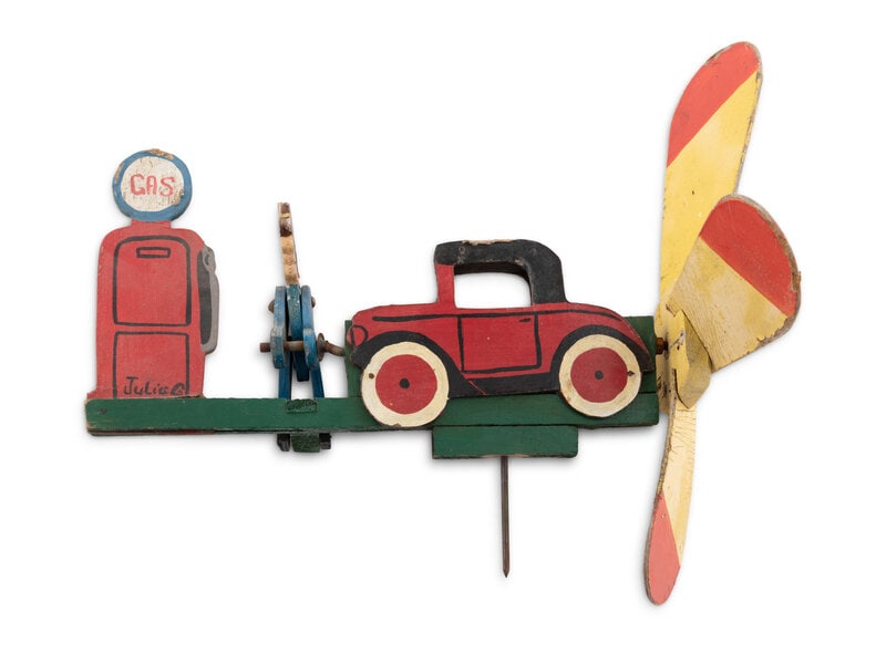 A Folk Art Polychrome Painted Gas Station Attendant Whirligig: A Folk Art Polychrome Painted Gas Station Attendant Whirligig 20th Century 19 x 20 inches. Estate of the artist Philip Pearlstein (1924-2022), New York This lo